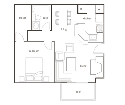 A black and white floor plan of a house with a bedroom, living room, kitchen, dining room, and bathroom.